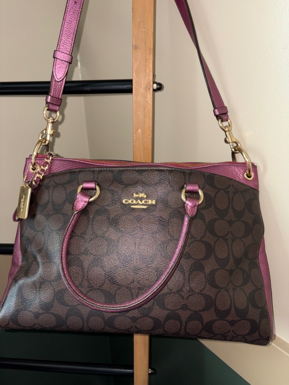 Coach Brown Signature Satchel with Metallic Pink Trim - Picture 2 of 8